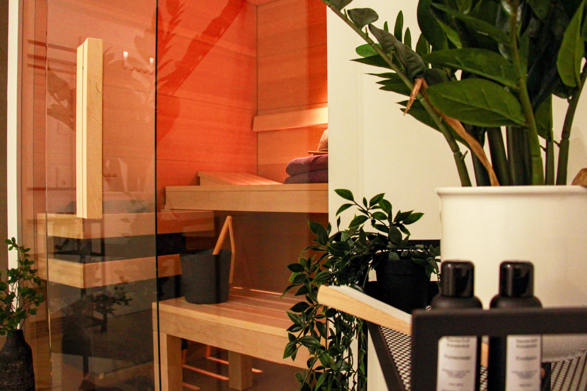 Sauna mit warmem Licht und Pflanzen